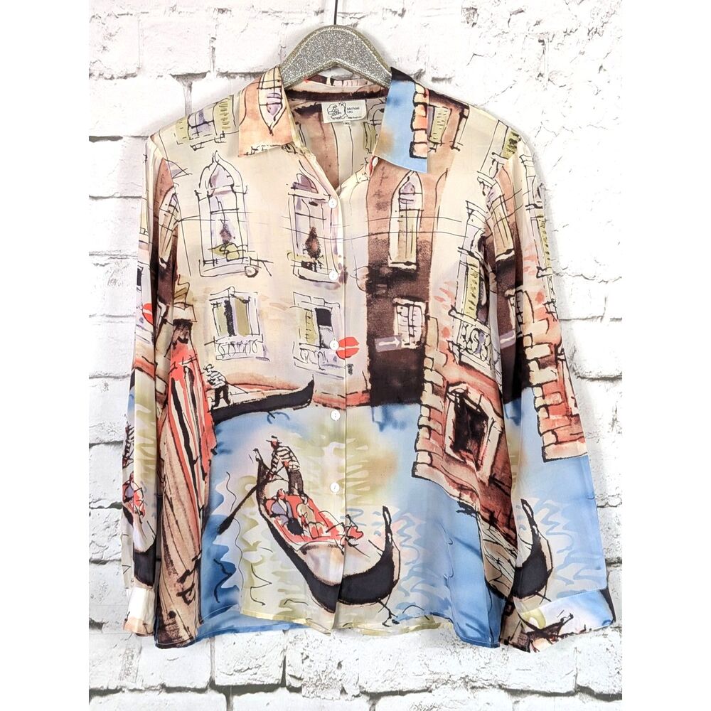 VINTAGE MICHAEL LEU Art-to-Wear 100% Silk Shirt Venice Canals Bohemian Size XL